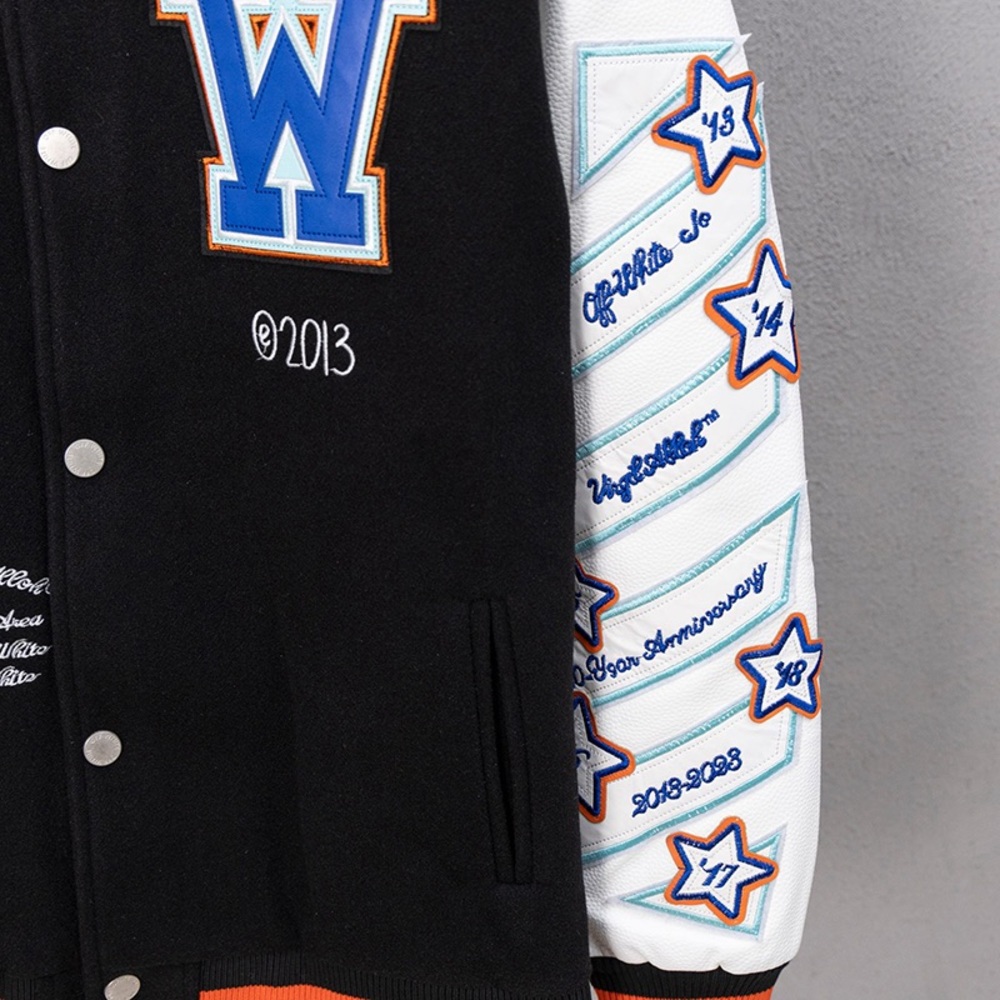 Off-White Patchwork Embroidered Logo Baseball Jac… - image 8